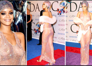 Rihanna lució casi desnuda bajo una túnica de fina y traslúcida malla con miles de cristales