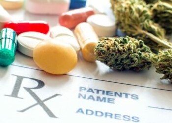 Close up of prescription pills with medical cannabis and prescription paper