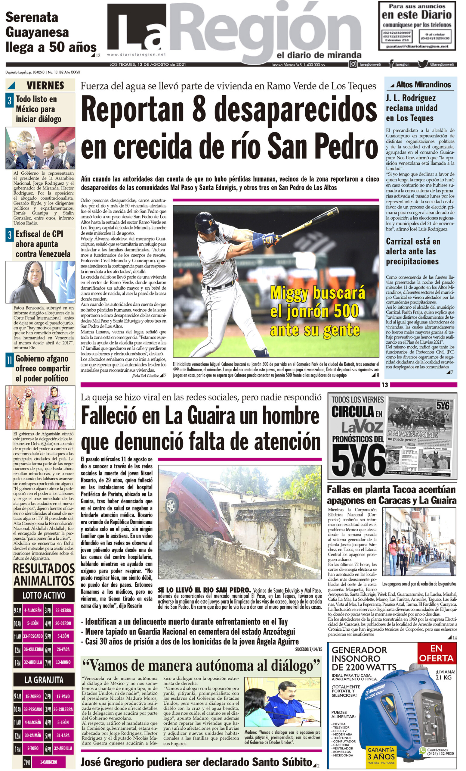 Portada de este 13 de Agosto - La Region