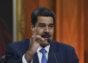 Venezuela's President Nicolas Maduro gestures during a press conference with members of the foreign media at Miraflores palace in Caracas, on February 14, 2020. (Photo by YURI CORTEZ / AFP)